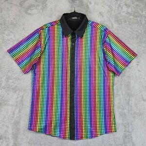 Jogal Shirt Mens Medium Rainbow Geometric Disco Pride Button Up Festival